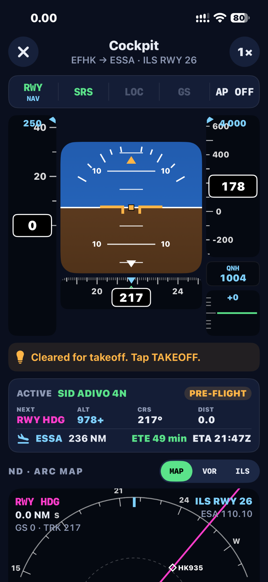 Primary flight display before take-off on SID ADIVO 4N with flight mode annunciator and navigation display