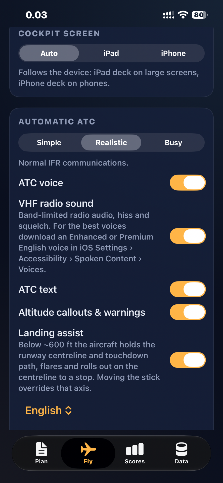 Settings for cockpit screen layout, automatic ATC level, ATC voice, radio sound and landing assist