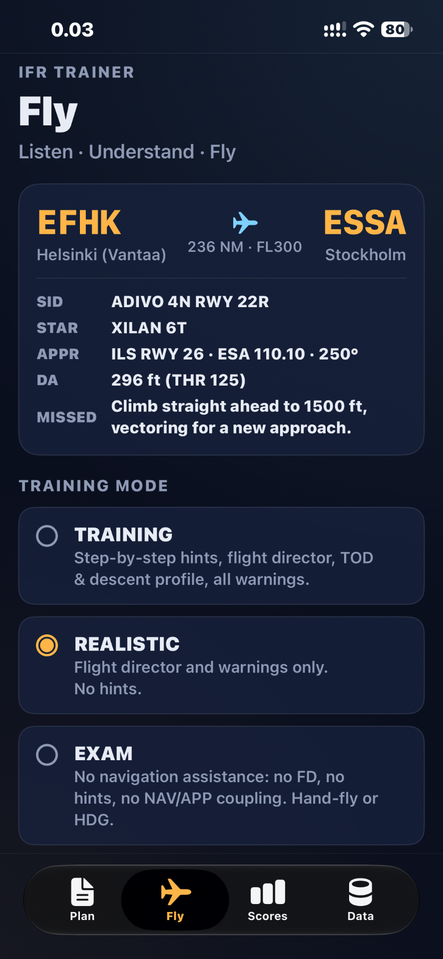 Flight briefing with SID, STAR, ILS approach, decision altitude, missed approach and training mode selection